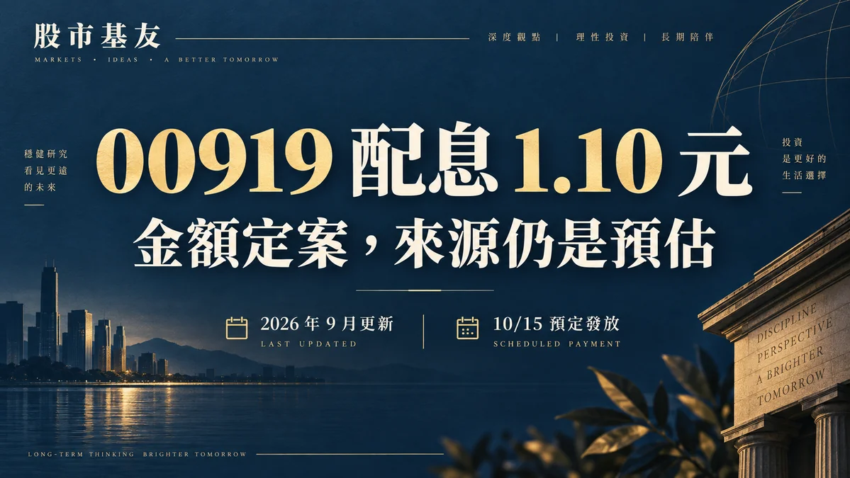 00919本季每單位配息1.10元，金額已定案、來源仍為預估，預定2026年10月15日發放。