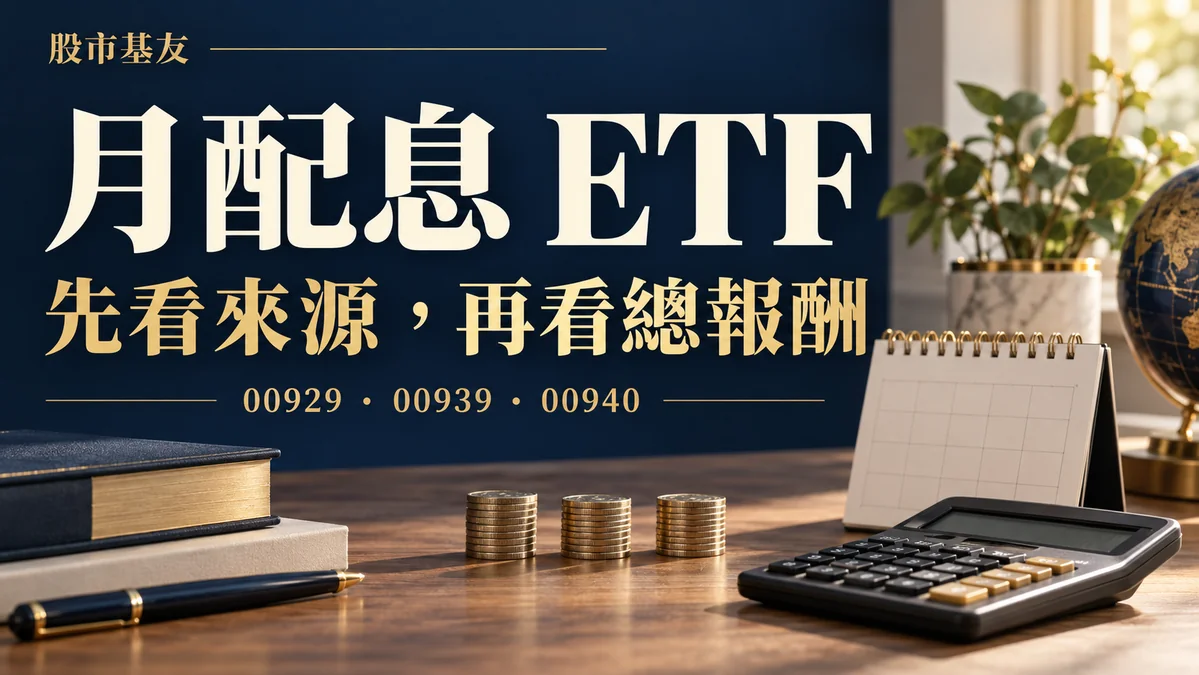 月配息 ETF 教學封面：00929、00939、00940，先看配息來源，再看總報酬。
