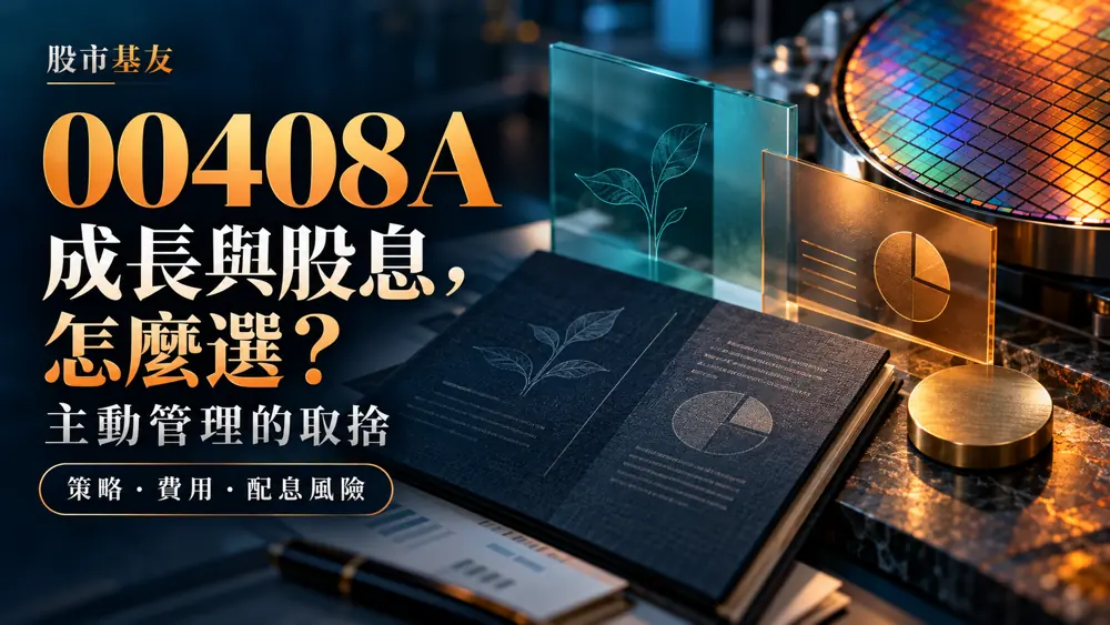 00408A 成長與股息策略的編輯示意，晶圓與研究筆記呈現主動管理取捨；圓餅造型不是實際持股比例。