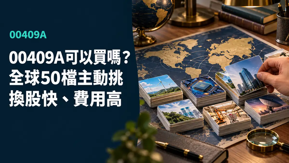 概念示意圖：全球科技企業與主動選股意象，標示00409A主動復華全球50，非真實持股或績效資料