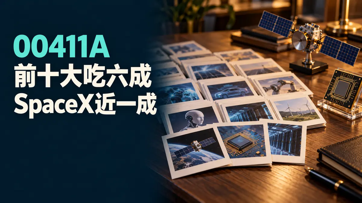概念示意圖：研究桌上的科技公司篩選卡片與衛星、晶片模型意象，標示00411A主動統一前沿科技ETF，非真實持股或績效資料