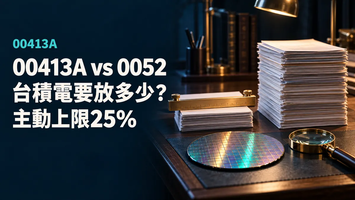 00413A、00419A與0052比較封面概念示意：研究桌上的晶圓與兩疊對照文件，一疊被尺規限制高度、一疊堆得很高，標題為台積電要放多少？；非真實持股或績效圖。