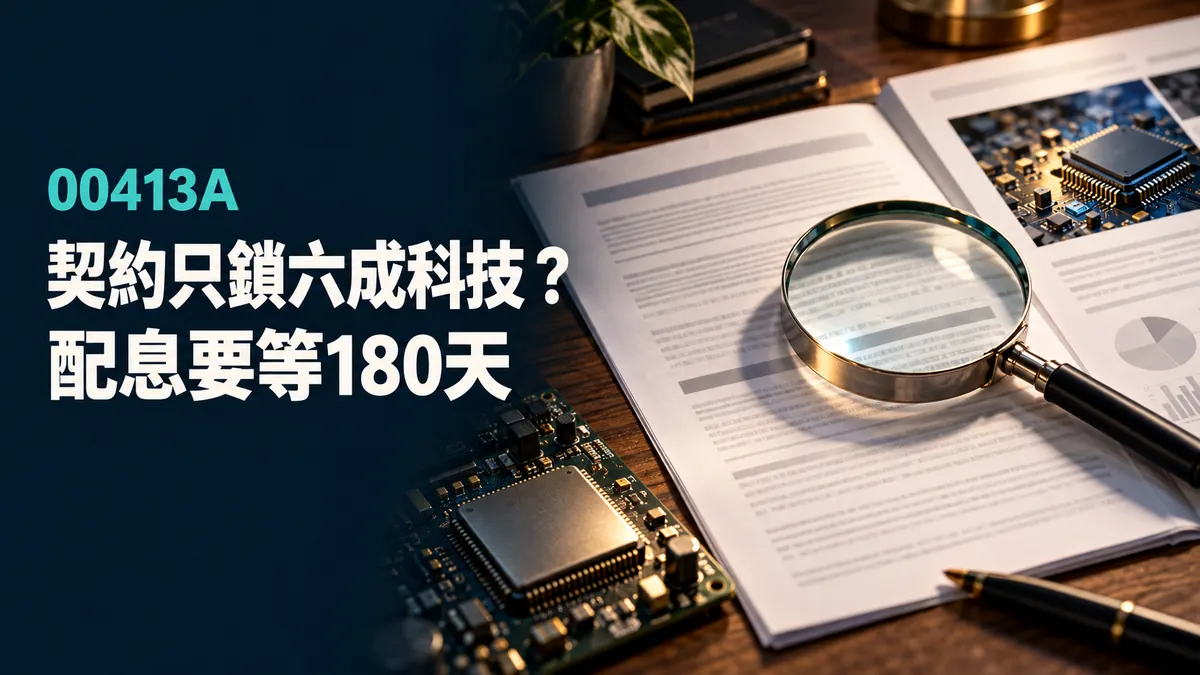 00413A封面概念示意：研究桌上攤開的契約文件與放大鏡，旁邊是半導體晶片與電路板零件，標題為契約只鎖六成科技？；非真實持股或績效圖。