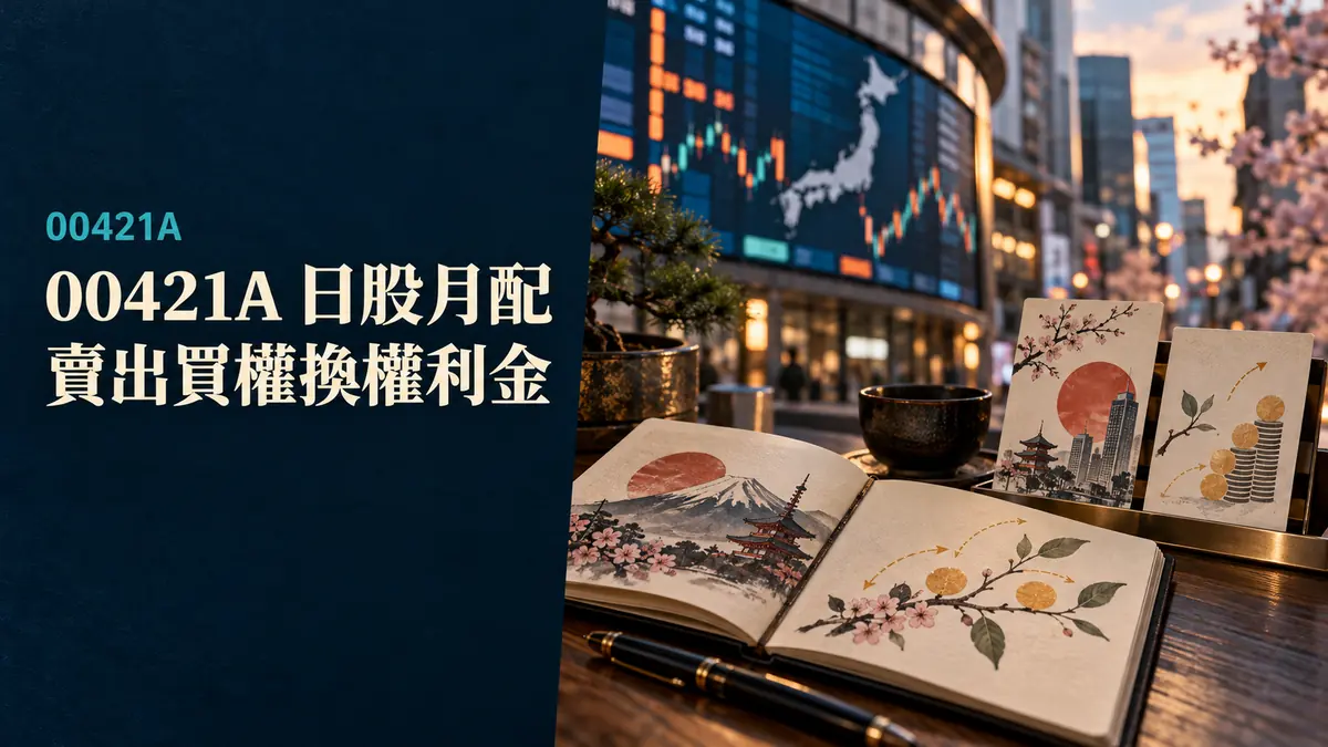 概念示意圖：日本股市與選擇權收益意象，標示00421A摩根日本鑫收益主動ETF，非真實持股或績效資料