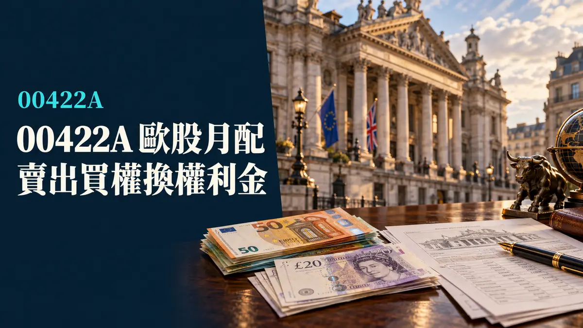 概念示意圖：歐洲股市與選擇權收益意象，標示00422A摩根歐洲鑫收益主動ETF，非真實持股或績效資料