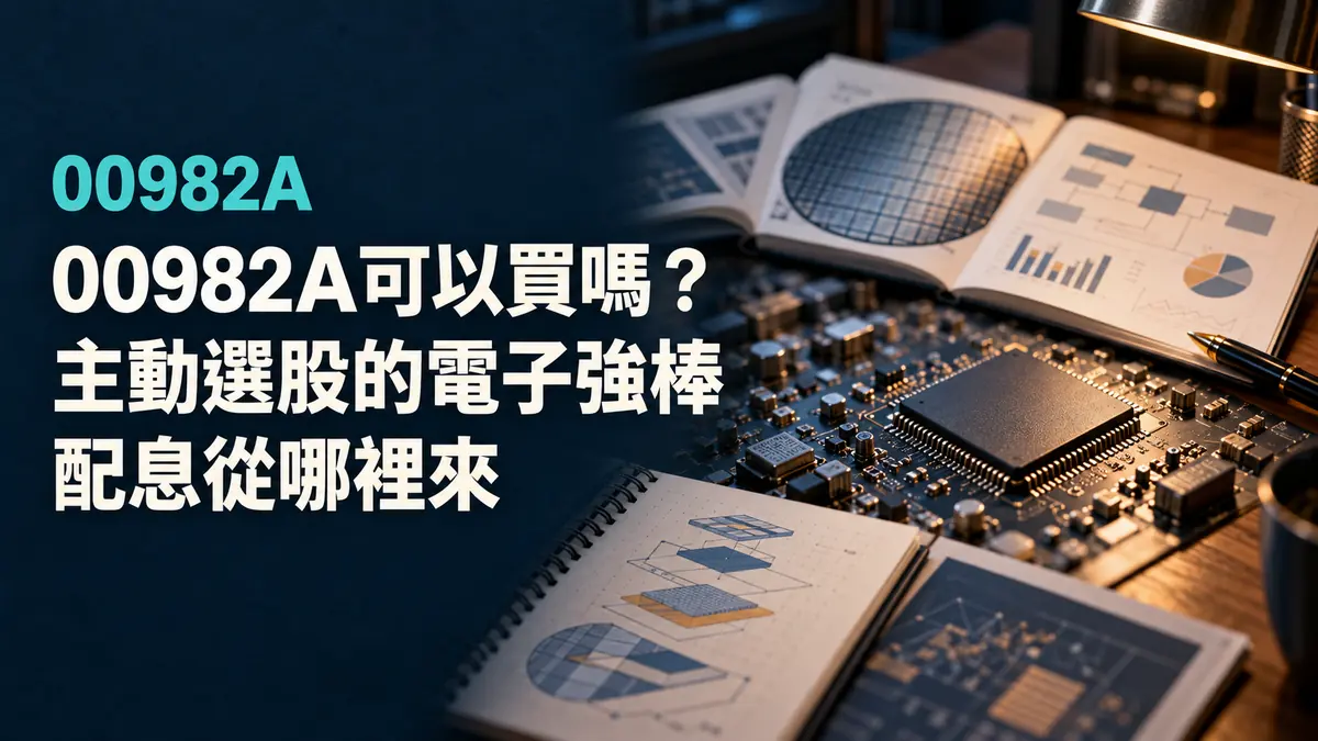 概念示意圖：台灣電子產業與主動選股意象，標示00982A群益台灣強棒主動ETF，非真實持股或績效資料