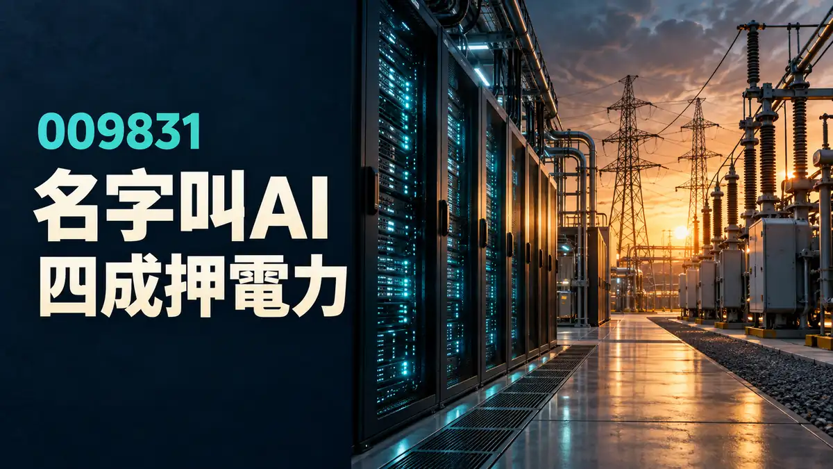 概念示意圖：資料中心機櫃與電網輸電設備意象，標示009831 AI電力算力ETF，非真實持股或績效資料