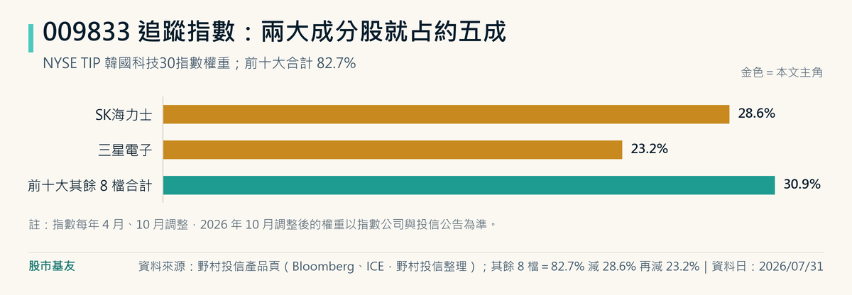 NYSE TIP韓國科技30指數權重：SK海力士28.6%、三星電子23.2%，前十大其餘8檔合計30.9%，前十大合計82.7%。