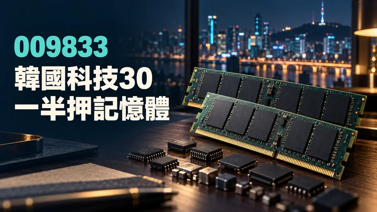 概念示意圖：韓國科技產業與記憶體晶片意象，標示009833野村韓國科技30，非真實持股或績效資料