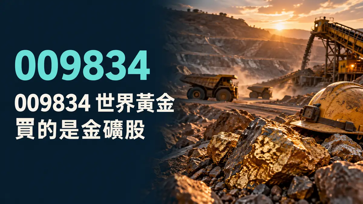 概念示意圖：金礦開採與金礦公司意象，標示009834貝萊德世界黃金ETF，非真實持股或績效資料