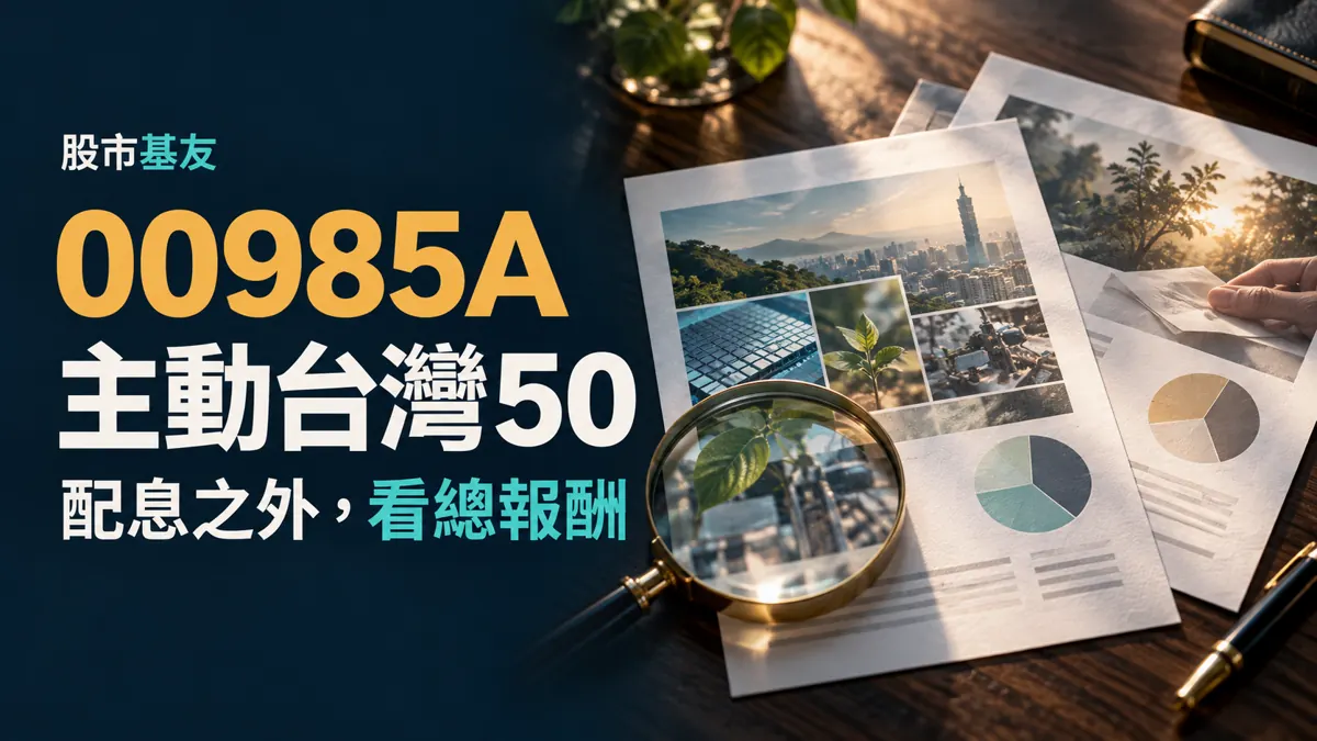 00985A主動台灣50編輯概念圖：研究資料、放大鏡與無數值的配置示意，標題為配息之外看總報酬；非實際持股或投資績效。