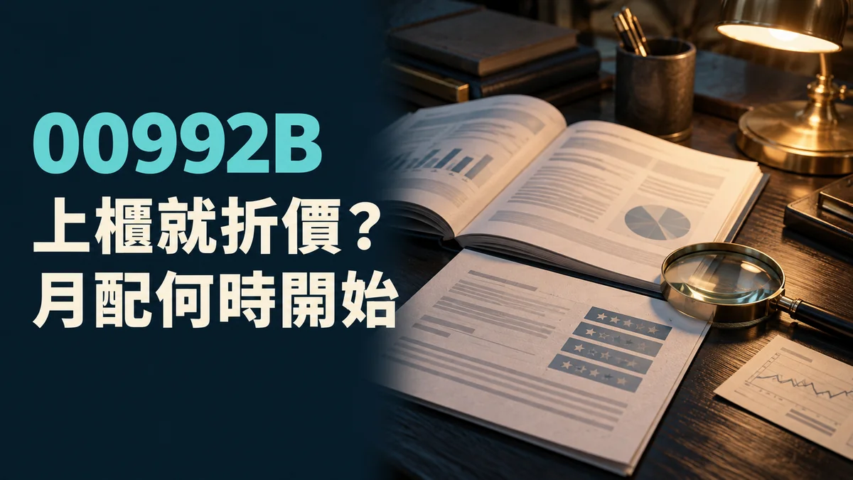 00992B封面概念示意：研究桌上攤開的美元公司債文件與放大鏡，旁邊是櫃檯報價單，標題為上櫃就折價？月配何時開始；非真實持股或績效圖。
