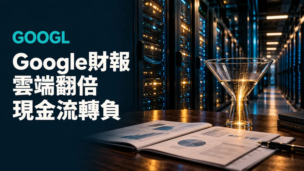 概念示意圖：雲端資料中心與現金流意象，標示Google第三季財報，非真實數據或照片