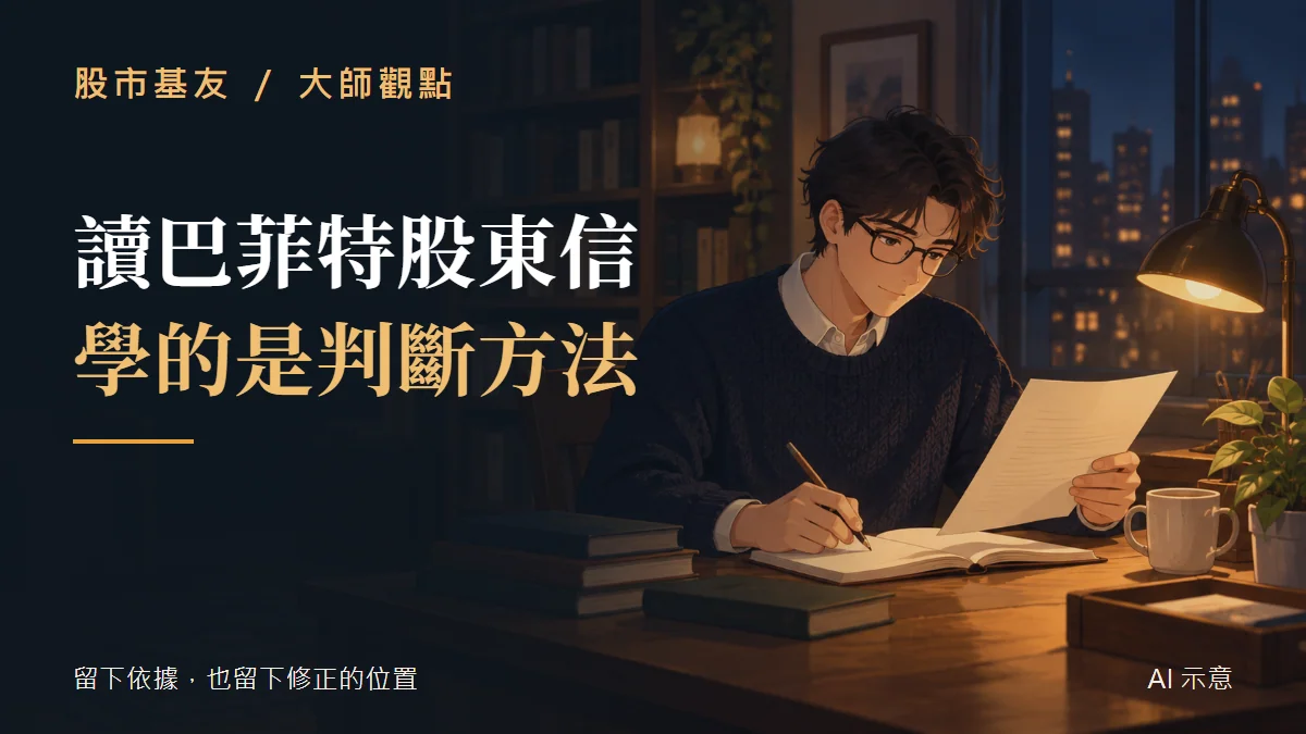 股市基友原創 AI 示意插畫：人物閱讀股東信，主題為判斷理由而非複製持股。