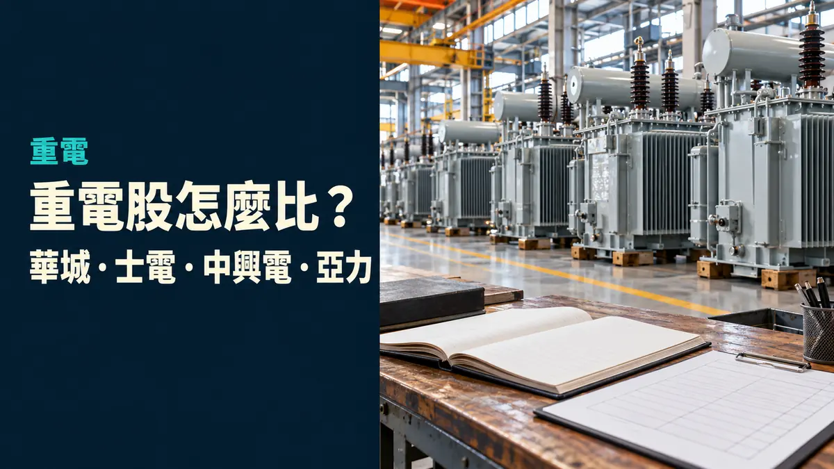 重電股比較封面概念示意：工廠內排列的大型電力變壓器與待交貨的設備，前方攤開的帳本，非真實財務數字或股價圖