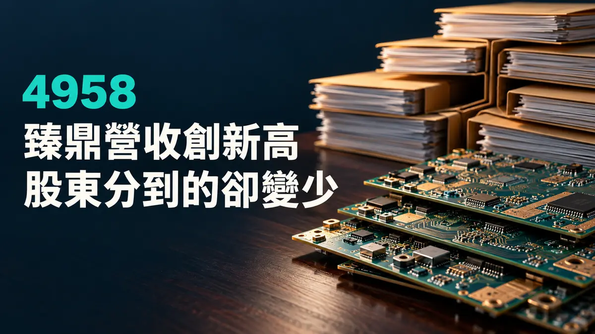 臻鼎-KY（4958）深度拆解封面概念示意：電路板工廠產線與層層相疊的集團持股文件，非真實財務數字或股價圖